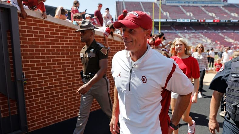 Oklahoma coach Brent Venables leaves the field after a college football game between the University of Oklahoma Sooners (OU) and the Arkansas State Red Wolves at Gaylord Family-Oklahoma Memorial Stadium in Norman, Okla., Saturday, Sept. 2, 2023. Oklahoma won 73-0.