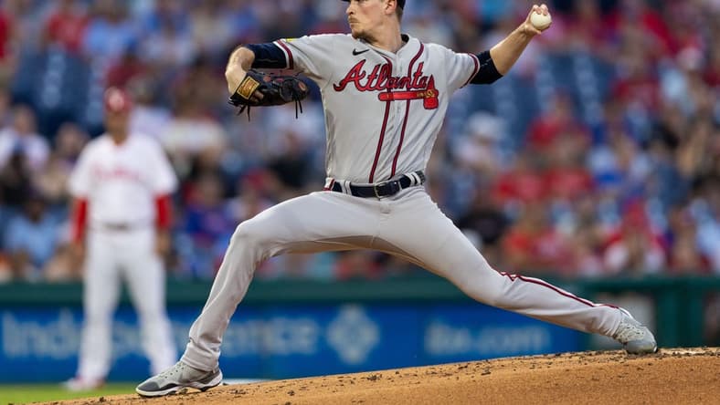 Sep 12, 2023; Philadelphia, Pennsylvania, USA; Atlanta Braves starting pitcher Max Fried (54) throws a pitch during the first inning against the Philadelphia Phillies at Citizens Bank Park. Mandatory Credit: Bill Streicher-USA TODAY Sports