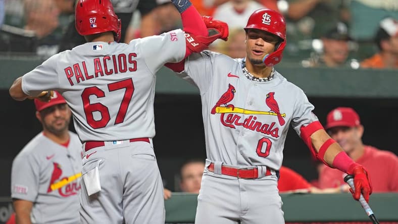 Sep 12, 2023; Baltimore, Maryland, USA; St. Louis Cardinals outfielder Richie Palacios (67) greeted by shortstop Masyn Winn (0) following his solo home run in the fourth inning against the Baltimore Orioles at Oriole Park at Camden Yards. Mandatory Credit: Mitch Stringer-USA TODAY Sports