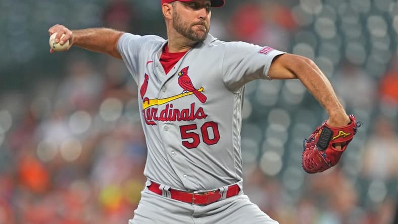 Sep 12, 2023; Baltimore, Maryland, USA; St. Louis Cardinals pitcher Adam Wainwright (50) delivers in the second inning against the Baltimore Orioles at Oriole Park at Camden Yards. Mandatory Credit: Mitch Stringer-USA TODAY Sports