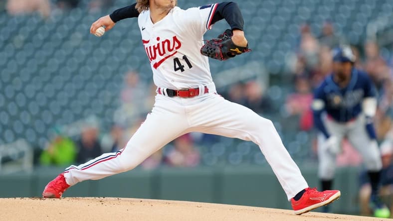 Sep 12, 2023; Minneapolis, Minnesota, USA; Minnesota Twins starting pitcher Joe Ryan (41) pitches to the Tampa Bay Rays in the first inning at Target Field. Mandatory Credit: Matt Blewett-USA TODAY Sports