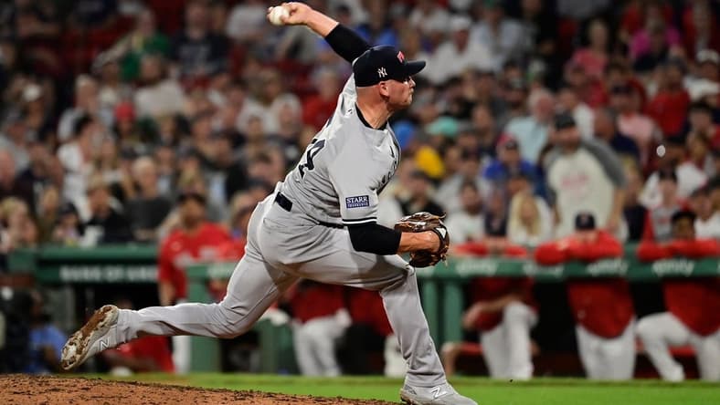 Sep 12, 2023; Boston, Massachusetts, USA; New York Yankees relief pitcher Anthony Misiewicz (54) pitches against the Boston Red Sox during the seventh inning at Fenway Park. Mandatory Credit: Eric Canha-USA TODAY Sports