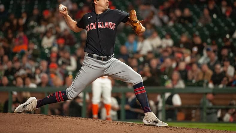 Sep 12, 2023; San Francisco, California, USA; Cleveland Guardians starting pitcher Cal Quantrill (47) throws a pitch during the fourth inning against the San Francisco Giants at Oracle Park. Mandatory Credit: Ed Szczepanski-USA TODAY Sports
