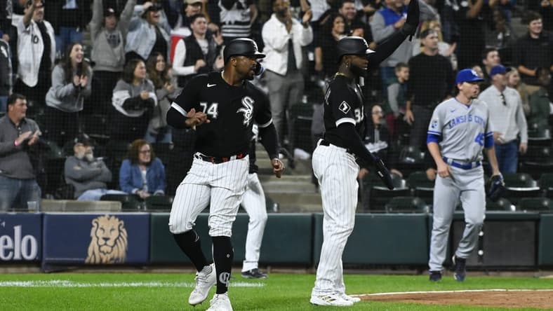 Sep 12, 2023; Chicago, Illinois, USA; Chicago White Sox designated hitter Eloy Jimenez (74) scores against the Kansas City Royals during the sixth inning at Guaranteed Rate Field. Mandatory Credit: Matt Marton-USA TODAY Sports
