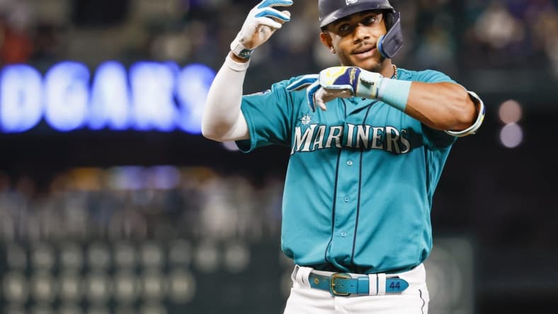 Sep 12, 2023; Seattle, Washington, USA; Seattle Mariners center fielder Julio Rodriguez (44) reacts after hitting a single against the Los Angeles Angels during the seventh inning at T-Mobile Park. Mandatory Credit: Joe Nicholson-USA TODAY Sports
