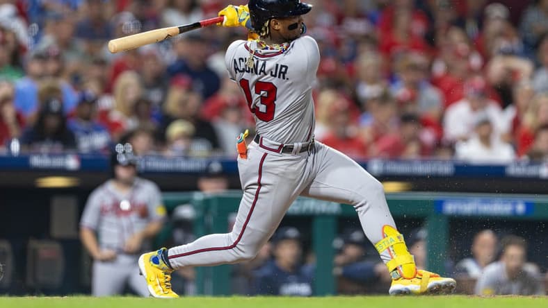 Sep 12, 2023; Philadelphia, Pennsylvania, USA; Atlanta Braves right fielder Ronald Acuna Jr. (13) in action against the Philadelphia Phillies at Citizens Bank Park. Mandatory Credit: Bill Streicher-USA TODAY Sports
