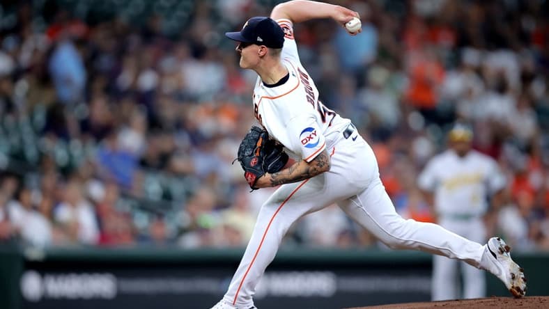 Sep 13, 2023; Houston, Texas, USA; Houston Astros starting pitcher Hunter Brown (58) delivers a pitch against the Oakland Athletics during the first inning at Minute Maid Park. Mandatory Credit: Erik Williams-USA TODAY Sports