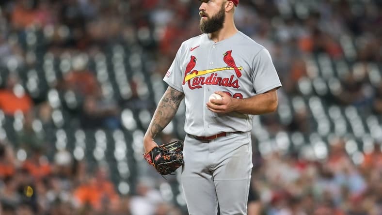 Sep 13, 2023; Baltimore, Maryland, USA; St. Louis Cardinals starting pitcher Drew Rom (38) stands on the pitcher's mound duff the third inning against the Baltimore Orioles  at Oriole Park at Camden Yards. Mandatory Credit: Tommy Gilligan-USA TODAY Sports