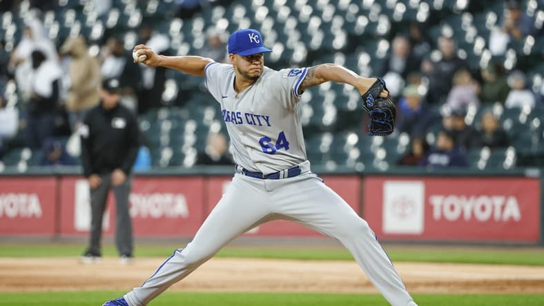 Sep 13, 2023; Chicago, Illinois, USA; Kansas City Royals starting pitcher Steven Cruz (64) delivers a pitch against the Chicago White Sox during the first inning at Guaranteed Rate Field. Mandatory Credit: Kamil Krzaczynski-USA TODAY Sports