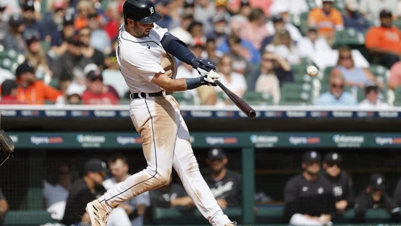 Sep 14, 2023; Detroit, Michigan, USA; Detroit Tigers right fielder Matt Vierling (8) hits a grand slam in the eighth inning against the Cincinnati Reds at Comerica Park. Mandatory Credit: Rick Osentoski-USA TODAY Sports