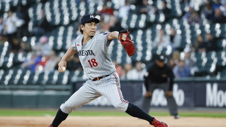Sep 14, 2023; Chicago, Illinois, USA; Minnesota Twins starting pitcher Kenta Maeda (18) delivers a pitch against the Chicago White Sox during the first inning at Guaranteed Rate Field. Mandatory Credit: Kamil Krzaczynski-USA TODAY Sports