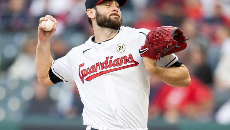 Sep 15, 2023; Cleveland, Ohio, USA; Cleveland Guardians starting pitcher Lucas Giolito (27) throws a pitch during the first inning against the Texas Rangers at Progressive Field. Mandatory Credit: Ken Blaze-USA TODAY Sports