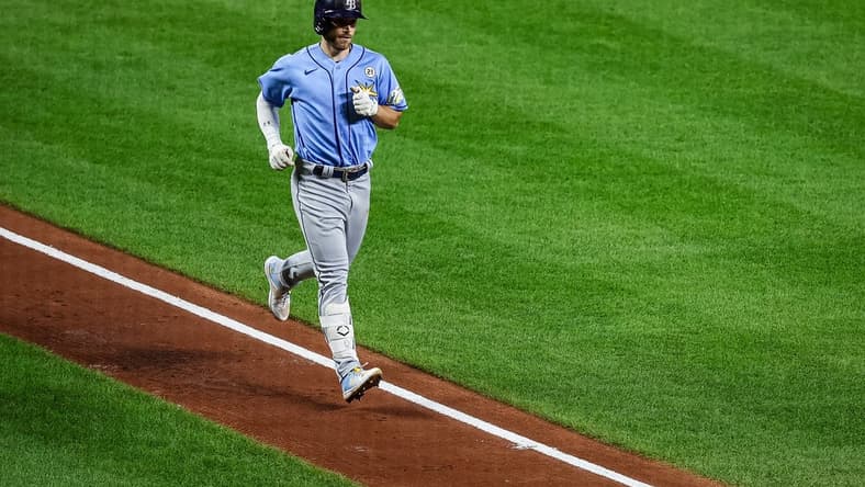 Sep 15, 2023; Baltimore, Maryland, USA; Tampa Bay Rays second baseman Brandon Lowe (8) rounds the bases after hitting a one run home run against the Baltimore Orioles during the fourth inning at Oriole Park at Camden Yards. Mandatory Credit: Scott Taetsch-USA TODAY Sports