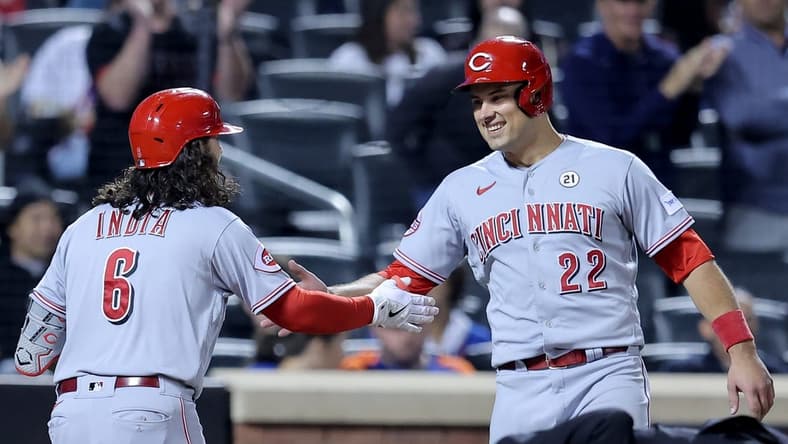 Sep 15, 2023; New York City, New York, USA; Cincinnati Reds second baseman Jonathan India (6) celebrates his two run home run against the New York Mets with catcher Luke Maile (22) during the seventh inning at Citi Field. Mandatory Credit: Brad Penner-USA TODAY Sports
