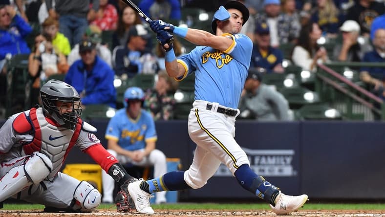 Sep 15, 2023; Milwaukee, Wisconsin, USA; Milwaukee Brewers outfielder Sal Frelick (10) misses as he swings a pitch against the Washington Nationals in the fourth inning at American Family Field. Mandatory Credit: Michael McLoone-USA TODAY Sports
