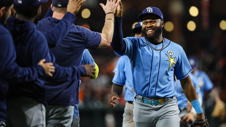 Sep 15, 2023; Baltimore, Maryland, USA; Tampa Bay Rays center fielder Manuel Margot (13) celebrates with teammates after the game against the Baltimore Orioles at Oriole Park at Camden Yards. Mandatory Credit: Scott Taetsch-USA TODAY Sports