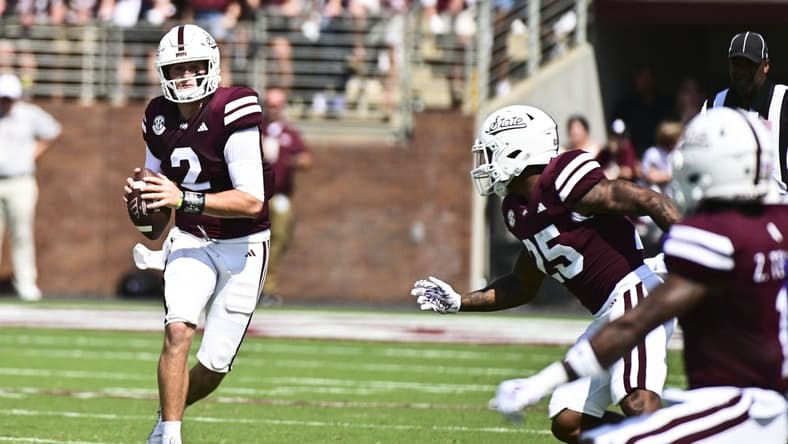 Sep 16, 2023; Starkville, Mississippi, USA; Mississippi State Bulldogs quarterback Will Rogers (2) moves in the pocket against the LSU Tigers during the first quarter at Davis Wade Stadium at Scott Field. Mandatory Credit: Matt Bush-USA TODAY Sports