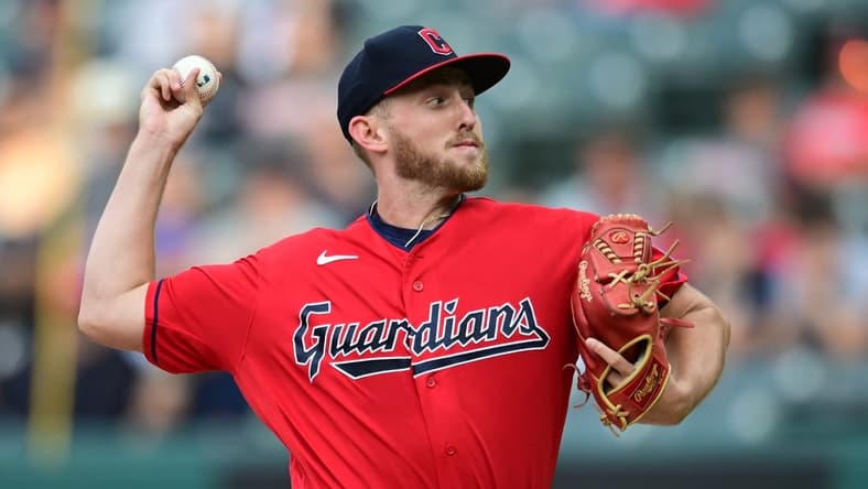 Sep 16, 2023; Cleveland, Ohio, USA; Cleveland Guardians starting pitcher Tanner Bibee (61) throws a pitch during the first inning against the Texas Rangers at Progressive Field. Mandatory Credit: Ken Blaze-USA TODAY Sports