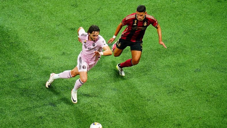 Sep 16, 2023; Atlanta, Georgia, USA; Inter Miami CF forward Leonardo Campana (9) dribbles the ball against Atlanta United defender Luis Abram (4) during the first half at Mercedes-Benz Stadium. Mandatory Credit: John David Mercer-USA TODAY Sports