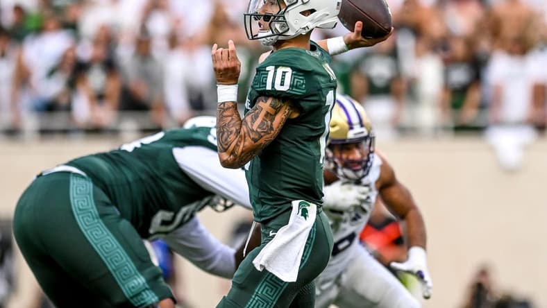 Michigan State's Noah Kim throws a pass against Washington during the second quarter on Saturday, Sept. 16, 2023, at Spartan Stadium in East Lansing.
