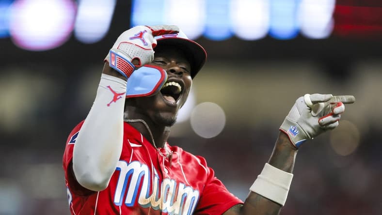 Sep 16, 2023; Miami, Florida, USA; Miami Marlins center fielder Jazz Chisholm Jr. (2) celebrates after hitting a grand slam against the Atlanta Braves during the eighth inning at loanDepot Park. Mandatory Credit: Sam Navarro-USA TODAY Sports