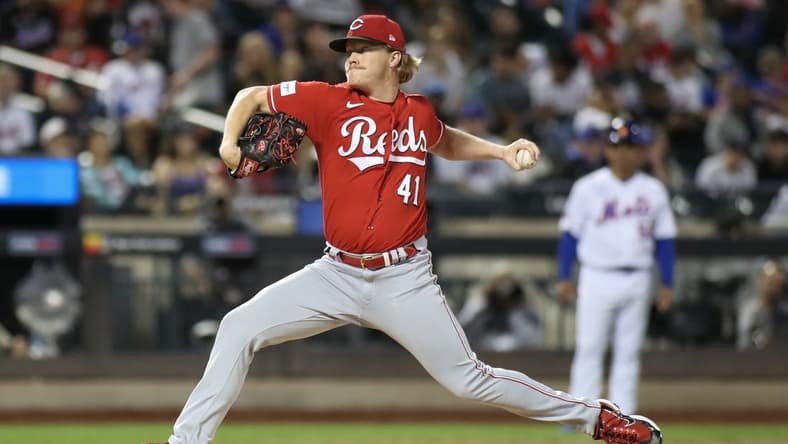 Sep 16, 2023; New York City, New York, USA; Cincinnati Reds starting pitcher Andrew Abbott (41) pitches in the first inning against the New York Mets at Citi Field. Mandatory Credit: Wendell Cruz-USA TODAY Sports