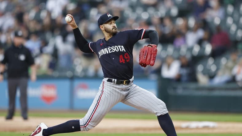 Sep 16, 2023; Chicago, Illinois, USA; Minnesota Twins starting pitcher Pablo Lopez (49) pitches against the Chicago White Sox during the first inning at Guaranteed Rate Field. Mandatory Credit: Kamil Krzaczynski-USA TODAY Sports