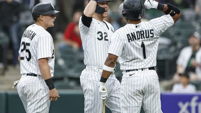 Sep 16, 2023; Chicago, Illinois, USA; Chicago White Sox right fielder Gavin Sheets (32) celebrates with shortstop Elvis Andrus (1) after hitting a three-run home run against the Minnesota Twins during the first inning at Guaranteed Rate Field. Mandatory Credit: Kamil Krzaczynski-USA TODAY Sports