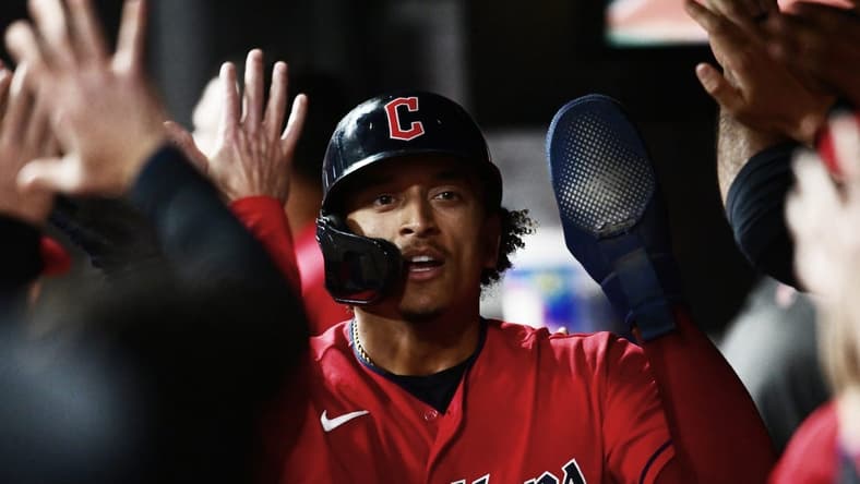 Sep 16, 2023; Cleveland, Ohio, USA; Cleveland Guardians catcher Bo Naylor (23) celebrates after scoring during the eighth inning against the Texas Rangers at Progressive Field. Mandatory Credit: Ken Blaze-USA TODAY Sports