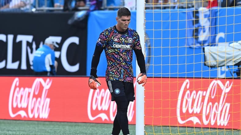 Sep 16, 2023; Charlotte, North Carolina, USA; Charlotte FC goalkeeper Kristijan Kahlina (1) walks in front of the goal before the match against D.C. United at Bank of America Stadium. Mandatory Credit: Griffin Zetterberg-USA TODAY Sports