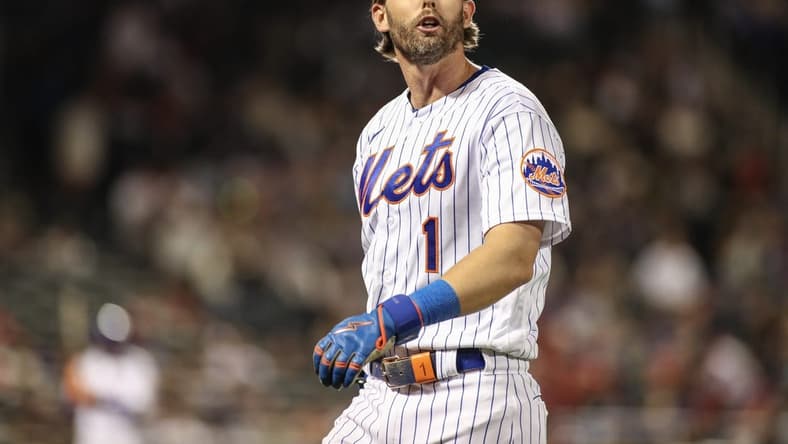 Sep 16, 2023; New York City, New York, USA; New York Mets second baseman Jeff McNeil (1) reacts after flying out in the eighth inning against the Cincinnati Reds at Citi Field. Mandatory Credit: Wendell Cruz-USA TODAY Sports