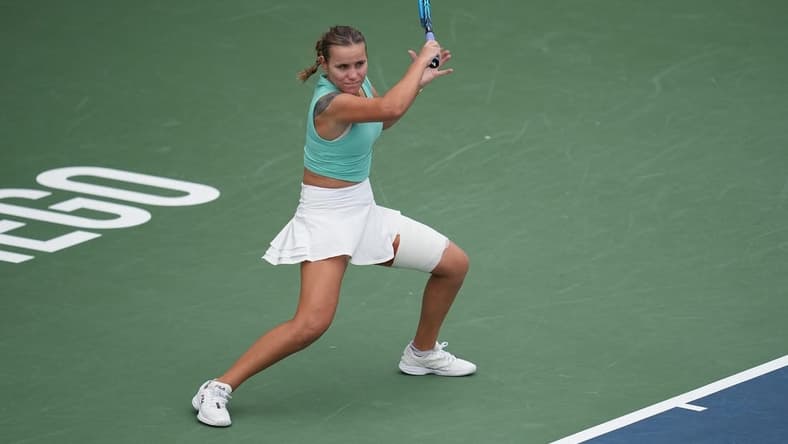 Sep 16, 2023; San Diego, CA, USA; Sofia Kenin of the United States hits a forehand against Barbora Krejcikova of the Czech Republic (not pictured) during the finals of the San Diego Open at Barnes Tennis Center. Mandatory Credit: Ray Acevedo-USA TODAY Sports