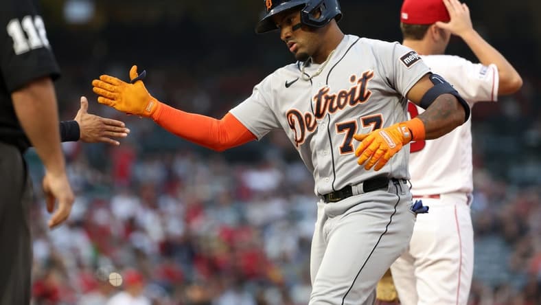 Sep 16, 2023; Anaheim, California, USA;  Detroit Tigers left fielder Andy Ibanez (77) reacts after hitting a single during the first inning against the Los Angeles Angels at Angel Stadium. Mandatory Credit: Kiyoshi Mio-USA TODAY Sports