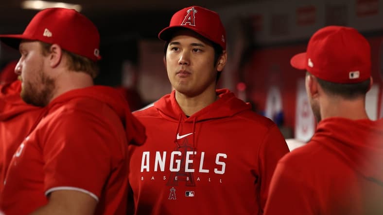 Sep 16, 2023; Anaheim, California, USA;  Los Angeles Angels two-way player Shohei Ohtani (17) in the dugout  during the seventh inning against the Detroit Tigers at Angel Stadium. Mandatory Credit: Kiyoshi Mio-USA TODAY Sports