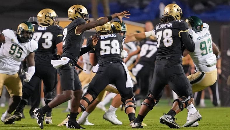 Sep 16, 2023; Boulder, Colorado, USA; Colorado Buffaloes quarterback Shedeur Sanders (2) passes the ball against the Colorado State Rams during the first half at Folsom Field. Mandatory Credit: Andrew Wevers-USA TODAY Sports