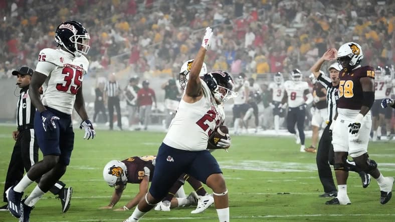 Fresno State Bulldogs defensive lineman Jacob Holmes (23) reacts after recovering a fumble by Arizona State Sun Devils quarterback Drew Pyne (10) in the first half at Mountain America Stadium in Tempe on Sept. 16, 2023.