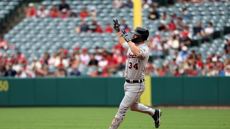 Sep 17, 2023; Anaheim, California, USA; Detroit Tigers catcher Jake Rogers (34) runs around bases after hitting a three-run home run during the third inning against the Los Angeles Angels at Angel Stadium. Mandatory Credit: Kiyoshi Mio-USA TODAY Sports