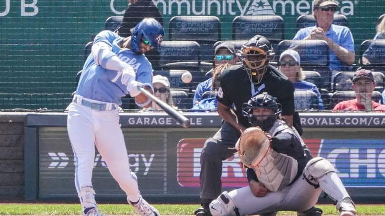 Sep 18, 2023; Kansas City, Missouri, USA; Kansas City Royals left fielder MJ Melendez (1) hits a triple against the Cleveland Guardians in the third inning at Kauffman Stadium. Mandatory Credit: Denny Medley-USA TODAY Sports