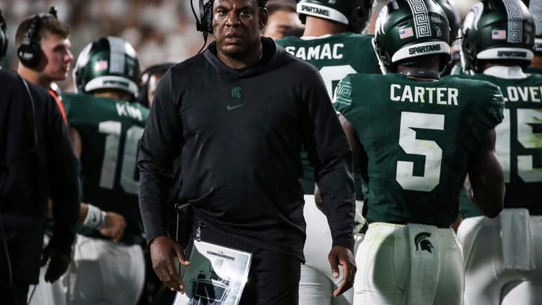 Mel Tucker looks on during a Michigan State game against Central Michigan on Sept. 1, 2023.