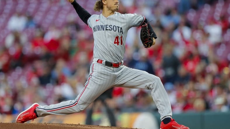 Sep 18, 2023; Cincinnati, Ohio, USA; Minnesota Twins starting pitcher Joe Ryan (41) pitches against the Cincinnati Reds in the first inning at Great American Ball Park. Mandatory Credit: Katie Stratman-USA TODAY Sports