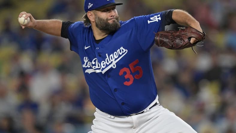 Sep 18, 2023; Los Angeles, California, USA; Los Angeles Dodgers starting pitcher Lance Lynn (35) delivers in the first inning against the Detroit Tigers at Dodger Stadium. Mandatory Credit: Jayne Kamin-Oncea-USA TODAY Sports