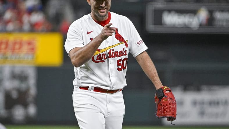Sep 18, 2023; St. Louis, Missouri, USA; St. Louis Cardinals starting pitcher Adam Wainwright (50) reacts after a double play against the Milwaukee Brewers to end the sixth inning at Busch Stadium. Mandatory Credit: Jeff Curry-USA TODAY Sports