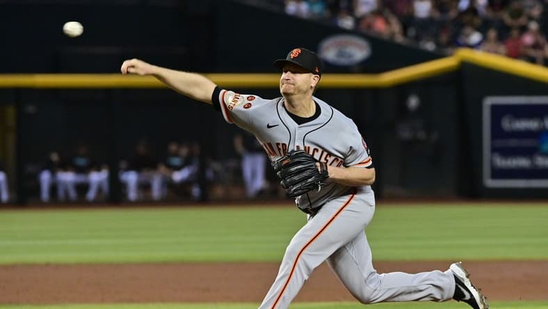 Sep 19, 2023; Phoenix, Arizona, USA; San Francisco Giants starting pitcher Alex Cobb (38) throws in the first inning against the Arizona Diamondbacks at Chase Field. Mandatory Credit: Matt Kartozian-USA TODAY Sports