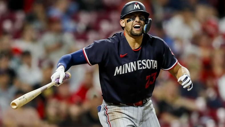 Sep 19, 2023; Cincinnati, Ohio, USA; Minnesota Twins third baseman Royce Lewis (23) reacts after being injured during his at-bat in the eighth inning against the Cincinnati Reds at Great American Ball Park. Mandatory Credit: Katie Stratman-USA TODAY Sports