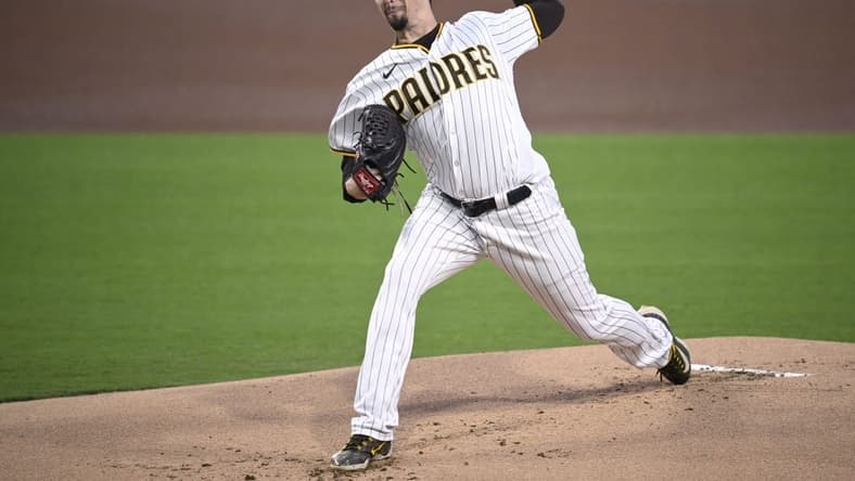 Sep 19, 2023; San Diego, California, USA; San Diego Padres starting pitcher Blake Snell (4) throws a pitch against the Colorado Rockies during the first inning at Petco Park. Mandatory Credit: Orlando Ramirez-USA TODAY Sports
