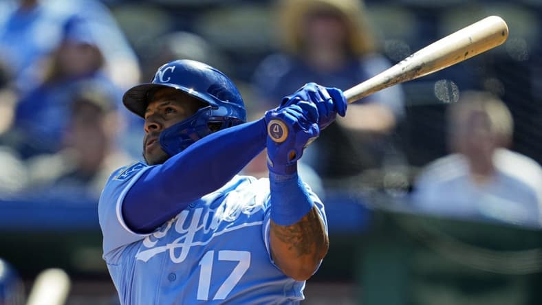 Sep 20, 2023; Kansas City, Missouri, USA; Kansas City Royals right fielder Nelson Velazquez (17) hits a home run during the first inning against the Cleveland Guardians at Kauffman Stadium. Mandatory Credit: Jay Biggerstaff-USA TODAY Sports