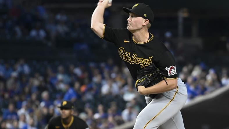 Sep 20, 2023; Chicago, Illinois, USA; Pittsburgh Pirates starting pitcher Mitch Keller (23) delivers the ball against the Chicago Cubs during the first inning at Wrigley Field. Mandatory Credit: Matt Marton-USA TODAY Sports