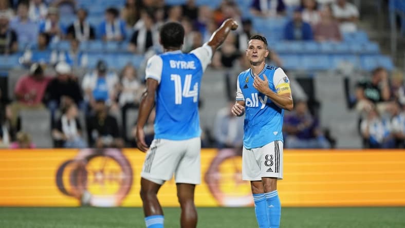Sep 20, 2023; Charlotte, North Carolina, USA; Charlotte FC midfielder Ashley Westwood (8) talks with defender Nathan Byrne (14) during the first half at Bank of America Stadium. Mandatory Credit: Jim Dedmon-USA TODAY Sports