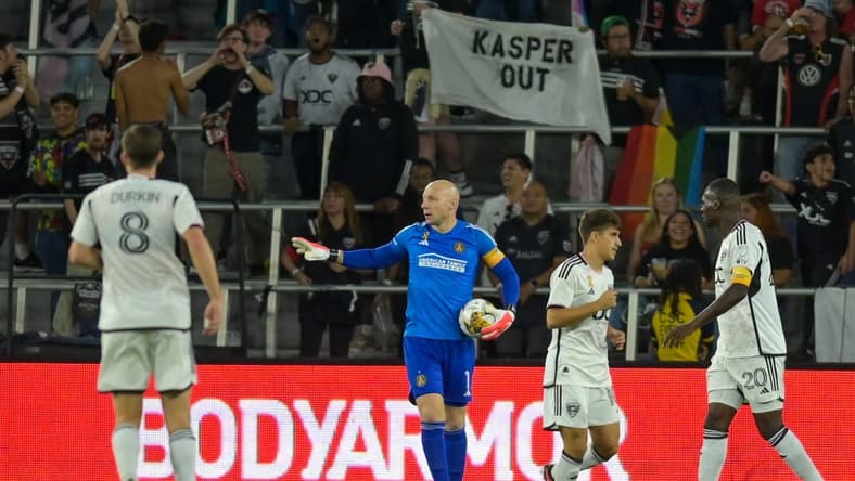 Sep 20, 2023; Washington, District of Columbia, USA;  Atlanta United goalkeeper Brad Guzan (1) collects a loose ball during the first half against the D.C. United at Audi Field. Mandatory Credit: Tommy Gilligan-USA TODAY Sports