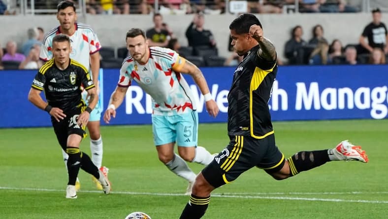 Sep 20, 2023; Columbus, Ohio, USA; Columbus Crew forward Cucho Hernandez (9) fires a shot past Chicago Fire defender Rafael Czichos (5) during the first half of the MLS soccer game at Lower.com Field.